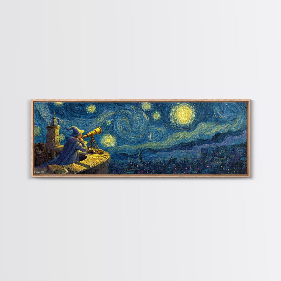 Starry Night Sky Over Town With Wizard And Telescope Classic Van Gogh Style Wall Art Framed Canvas Print