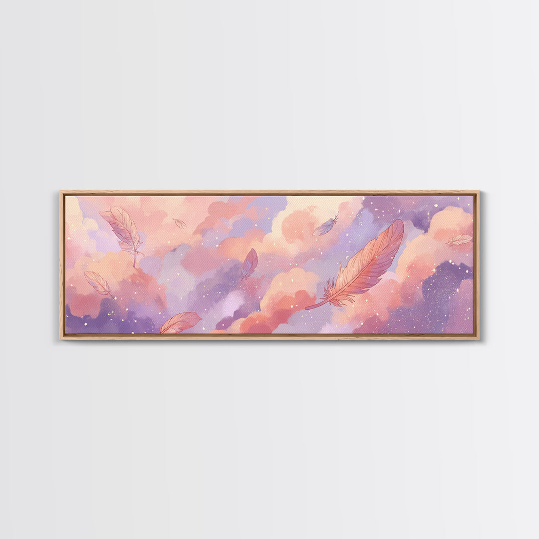 Pastel Dream Clouds And Floating Feathers Canvas Print, Whimsical Wall Art, Celestial Nursery Decor, Soft Pink Bedroom Art