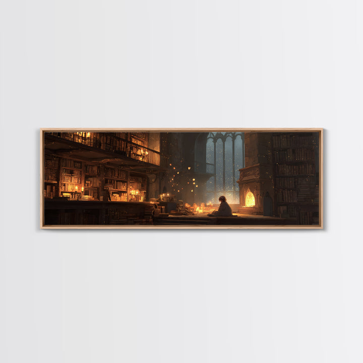 Warm Cozy Library Scene With Child Reading By Fireplace - Charming Home Decor Wall Art Framed Canvas Print For Study Rooms