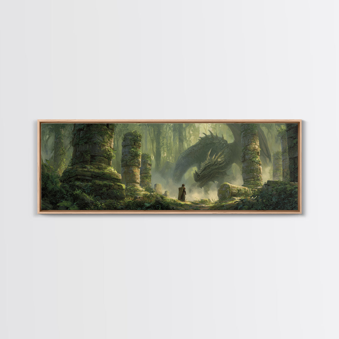 Ancient Forest With Massive Dragon Resting Amidst Ruins - Fantasy Wall Art Framed Canvas Print For Magical And Whimsical Decor