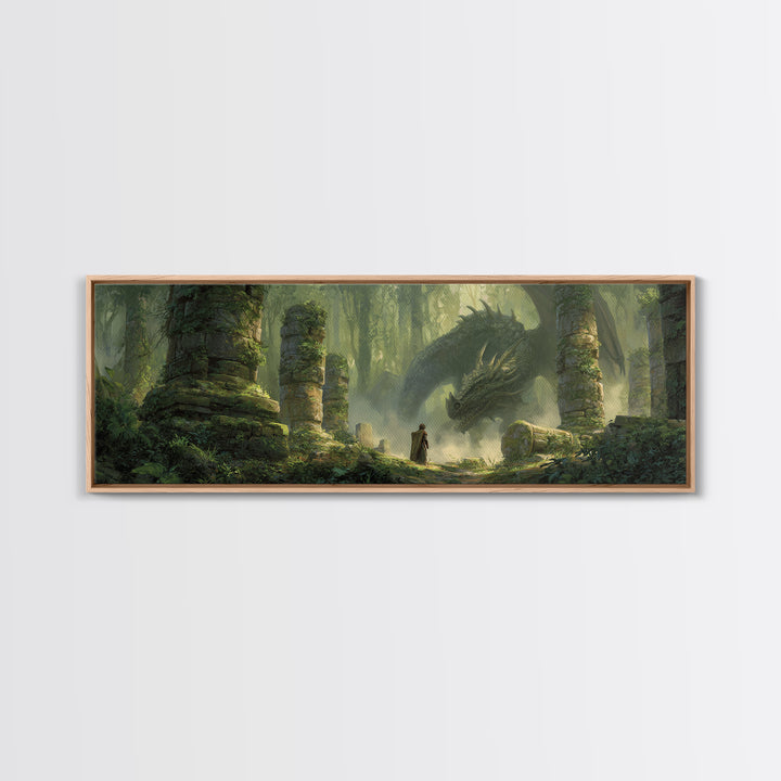 Ancient Forest With Massive Dragon Resting Amidst Ruins - Fantasy Wall Art Framed Canvas Print For Magical And Whimsical Decor