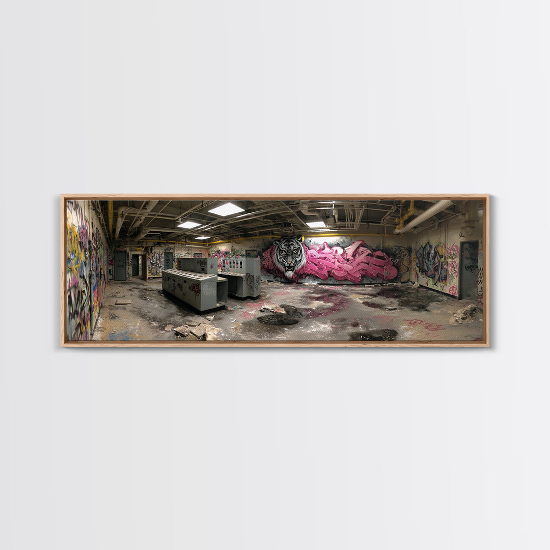 Abandoned Graffiti Room Urban Wall Art Framed Canvas Print With Decayed Interior And Graffiti Street Art Home Decor