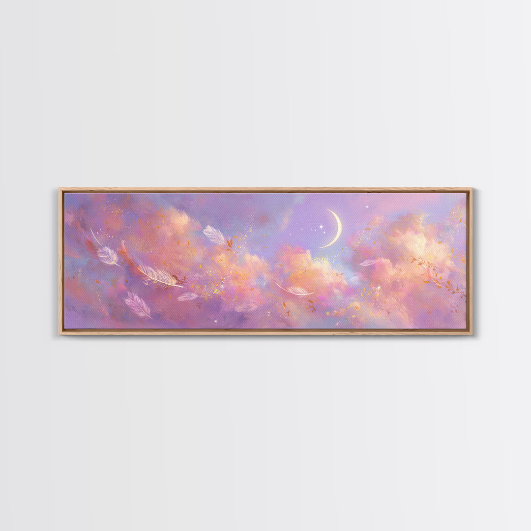 Crescent Moon Feathers In Lavender Sky Wall Art, Celestial Canvas Print, Whimsical Decor, Calming Bedroom Art, Gift For Her