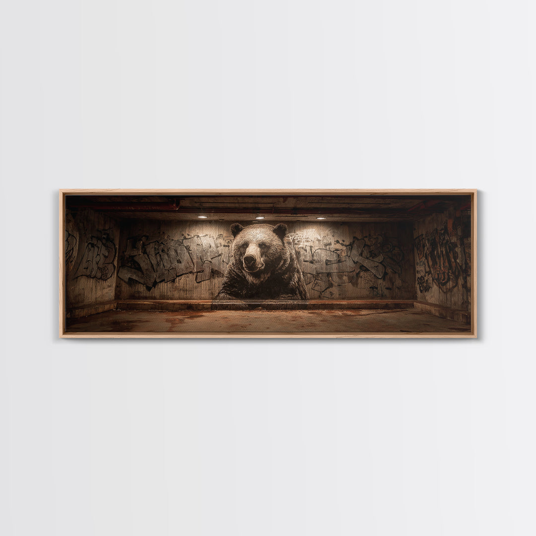 Large Bear Mural On Urban Graffiti Wall In Dimly Lit Space Framed Canvas Print For Statement Wall Art