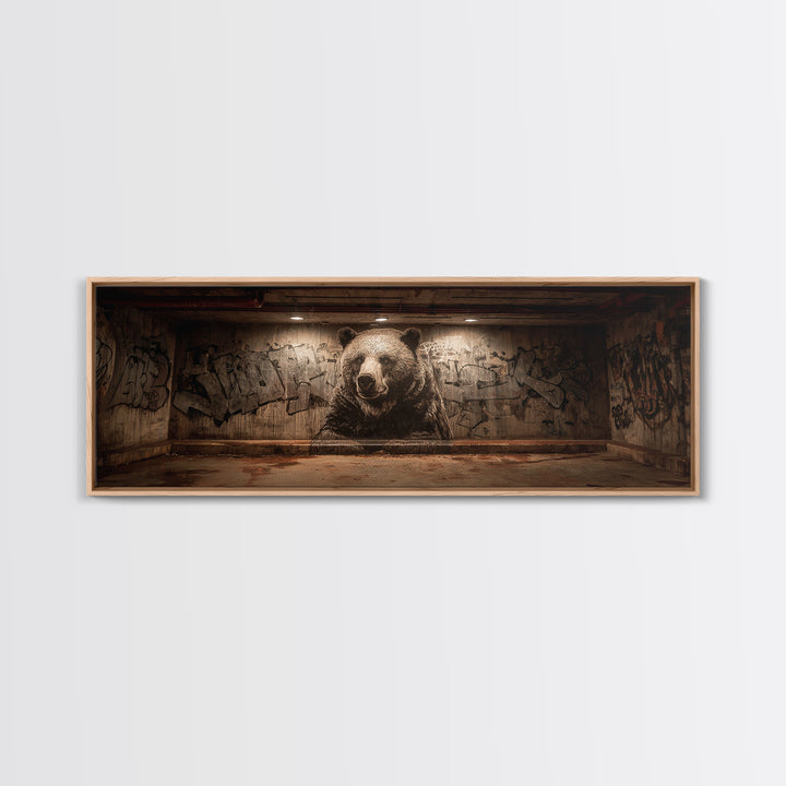 Large Bear Mural On Urban Graffiti Wall In Dimly Lit Space Framed Canvas Print For Statement Wall Art