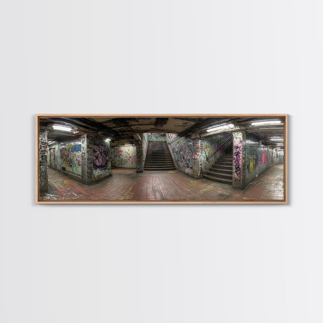 Grungy Spacious Subway Staircase Graffiti Urban Loft Wall Art - Framed Canvas Print, Modern Wall Art, Urban Decor, Trending Wall Art Gift