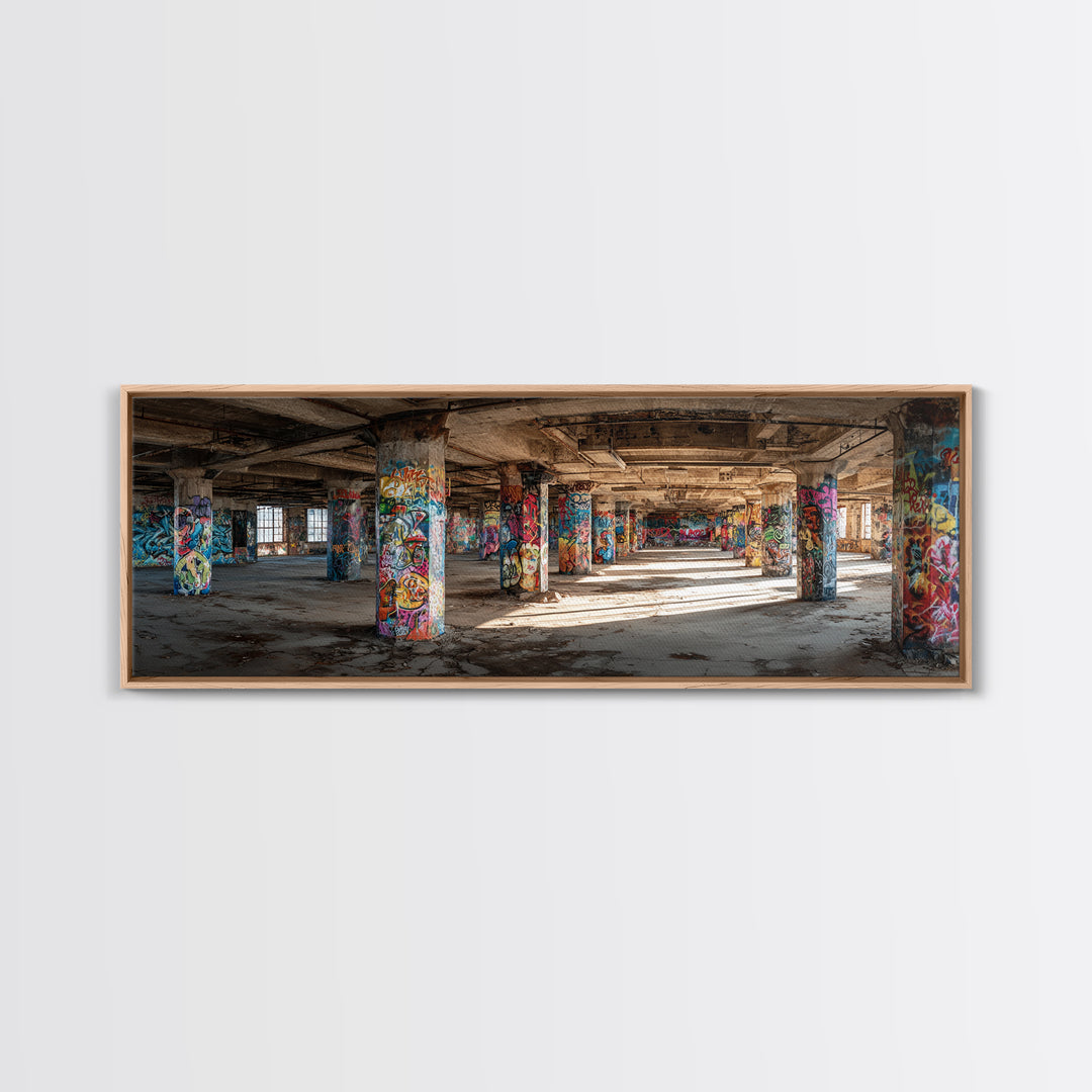 Rustic Urban Abandoned Building Interior With Graffiti Artwork Wall Art Canvas Print Large Industrial Style Decor For Funky Apartment Or Loft Wall