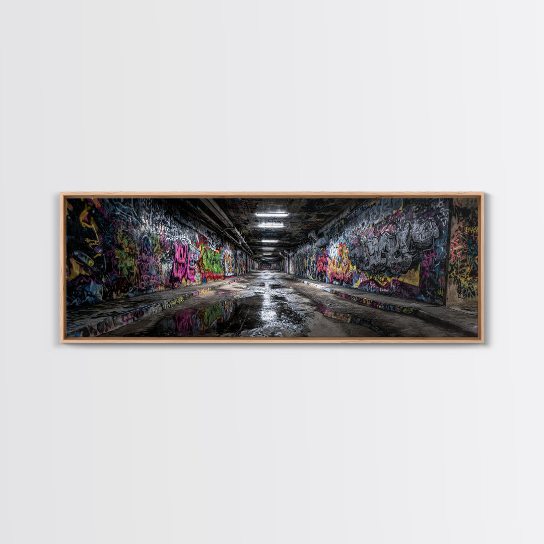 Graffiti Covered Underground Tunnel Wall Art, Urban Street Art Print, Modern Industrial Decor, Colorful Cityscape Canvas