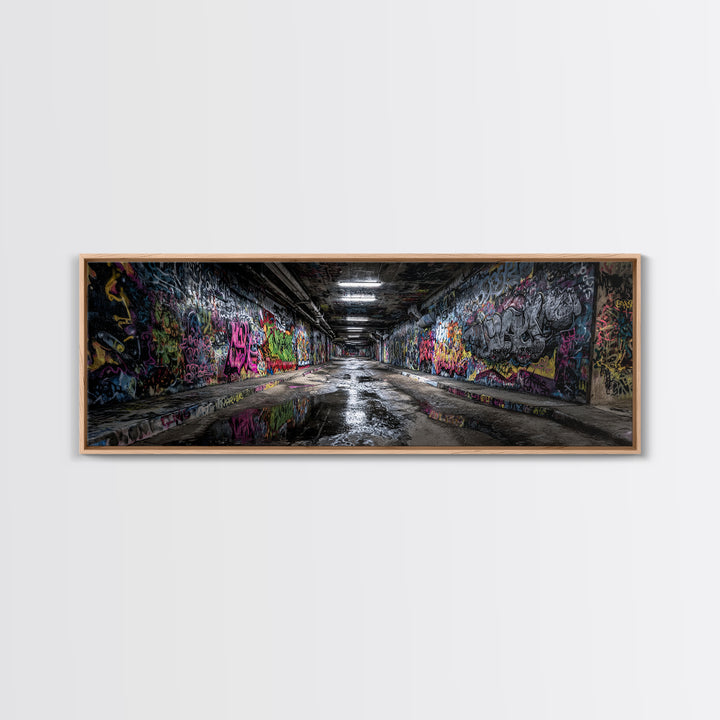 Graffiti Covered Underground Tunnel Wall Art, Urban Street Art Print, Modern Industrial Decor, Colorful Cityscape Canvas