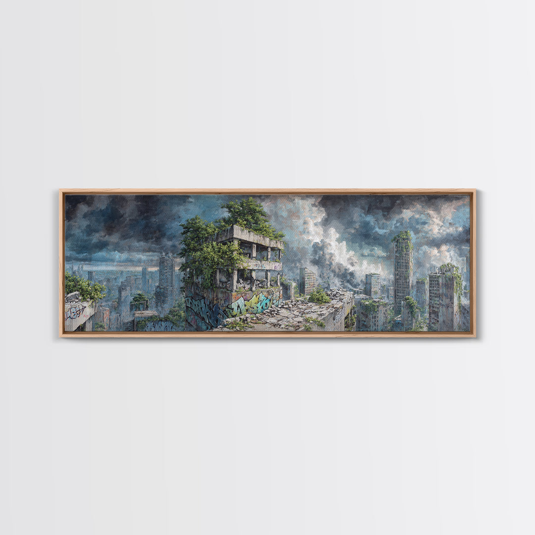Overgrown Ruined City Under Storm Clouds Canvas Print, Post Apocalyptic Wall Art, Futuristic Urban Landscape, Sci Fi Decor