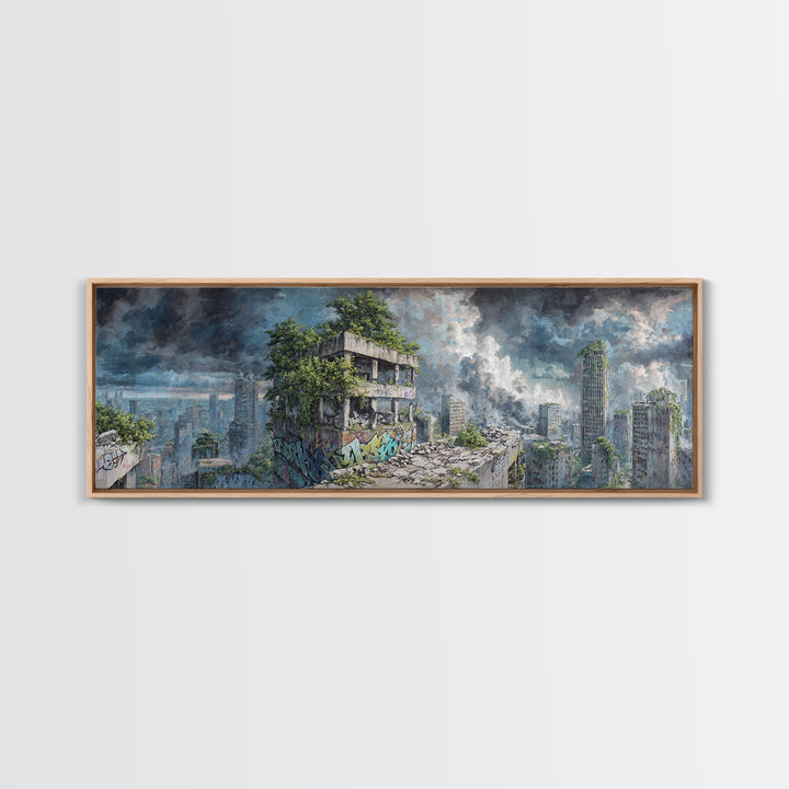 Overgrown Ruined City Under Storm Clouds Canvas Print, Post Apocalyptic Wall Art, Futuristic Urban Landscape, Sci Fi Decor