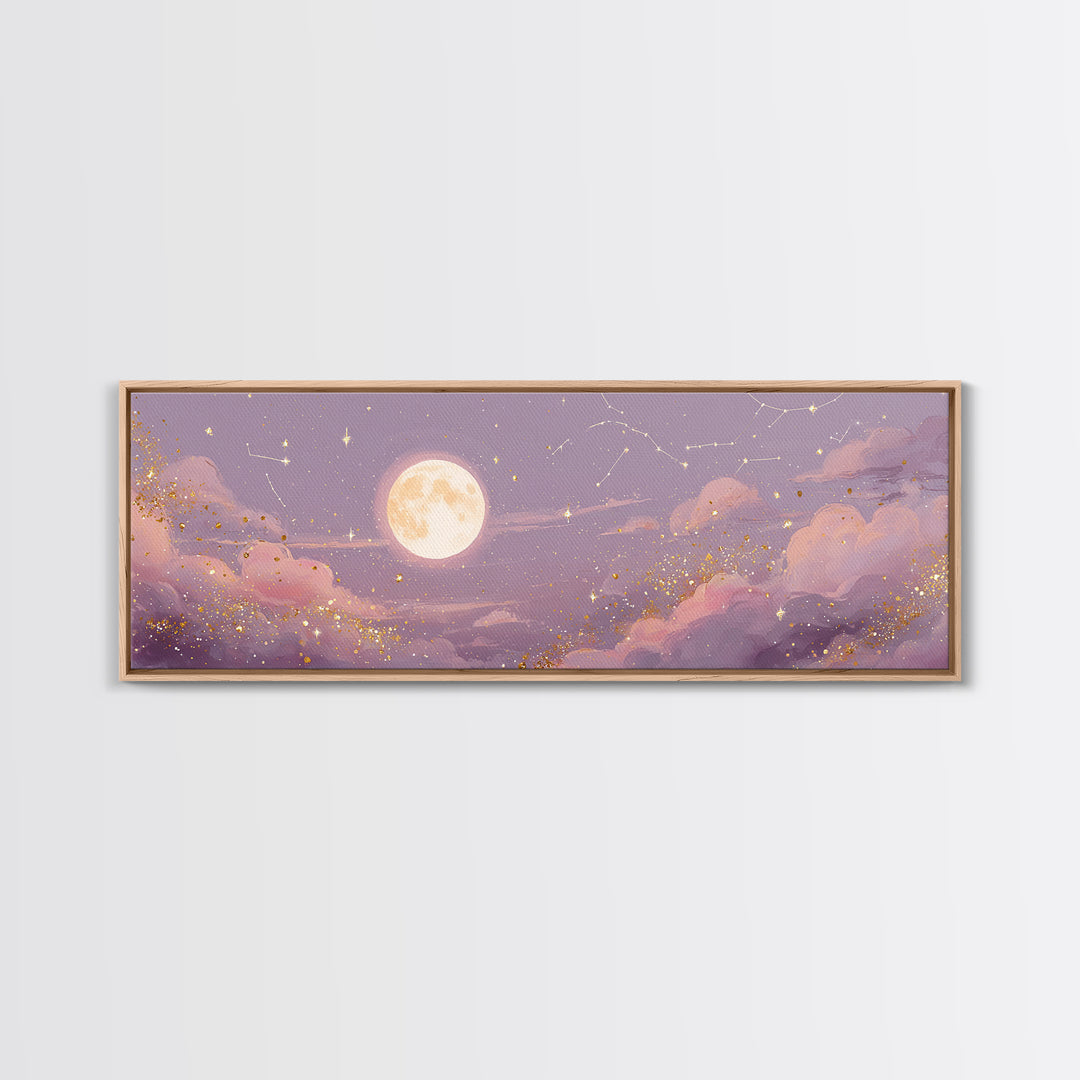 Full Moon Over Pink Clouds And Starry Sky Canvas Print, Celestial Wall Art, Moon Phase Decor, Dreamy Nursery Room Wall Decor