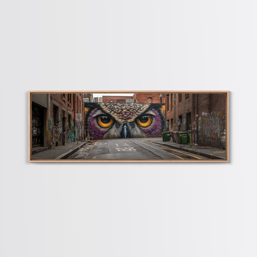 Hyperrealistic Street Mural of Intense Owl Eyes Graffiti Urban Wall Art Framed Canvas Print Bold Contemporary Art for Living Room Decor