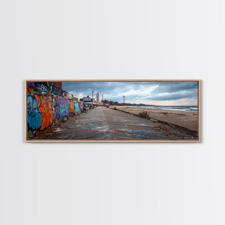 Urban Graffiti Beach Boardwalk Vibrant Street Art Wall Art Coastal Living Room Decor Ocean Scene Canvas Print