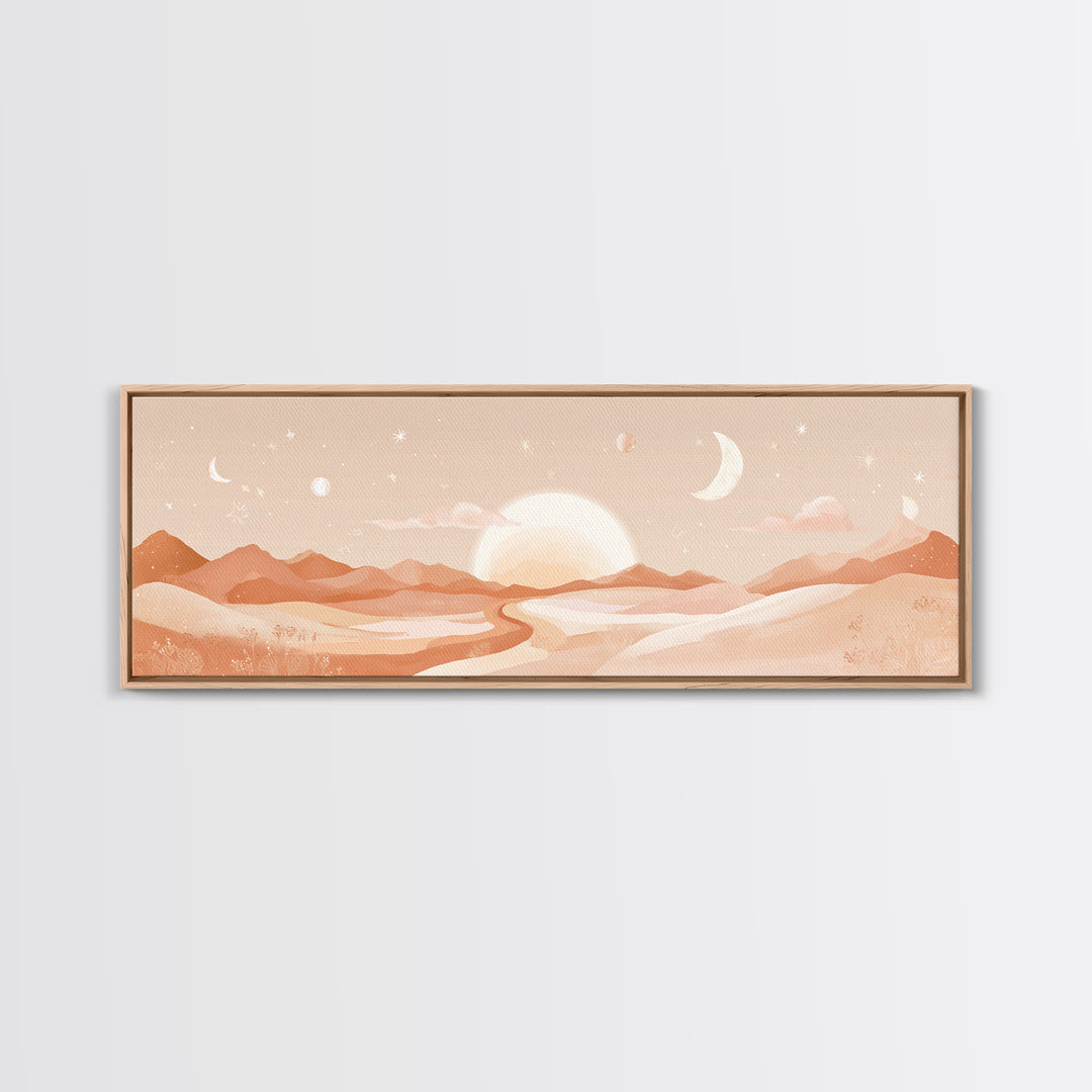 Desert Sunrise With Moon Phases And Terracotta Hills Wall Art, Boho Canvas Print, Southwestern Earth Tone Decor, Nursery Wall Art