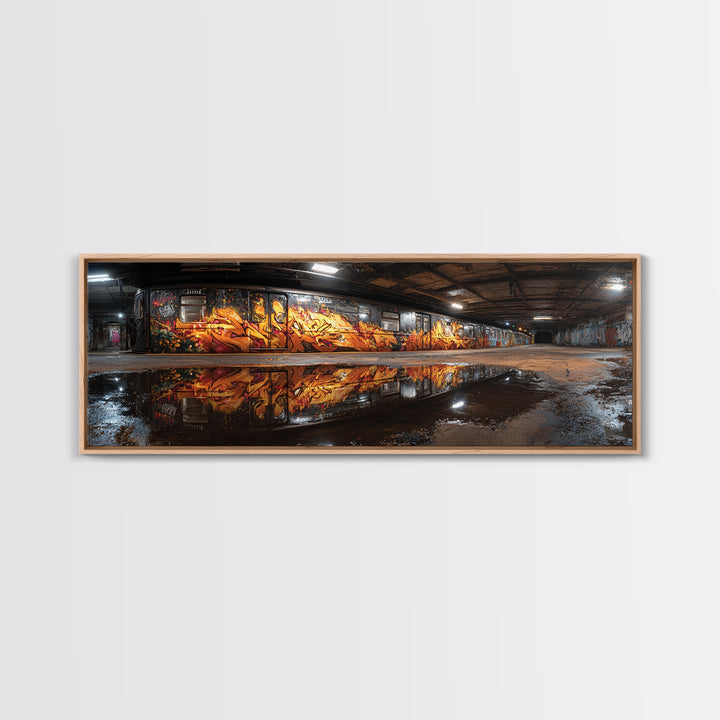 Mysterious Urban Graffiti Subway Station With Reflections Moody Street Art Large Canvas Print Framed Wall Art For Contemporary Decor