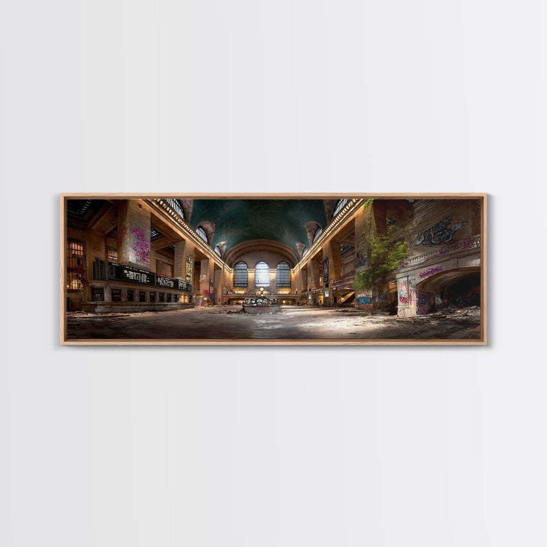 Abandoned Urban Train Station With Graffiti, Nature Reclaiming Space, Moody Decay Landscape Wall Art Canvas Print For Home Decor
