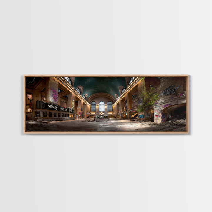 Abandoned Urban Train Station With Graffiti, Nature Reclaiming Space, Moody Decay Landscape Wall Art Canvas Print For Home Decor