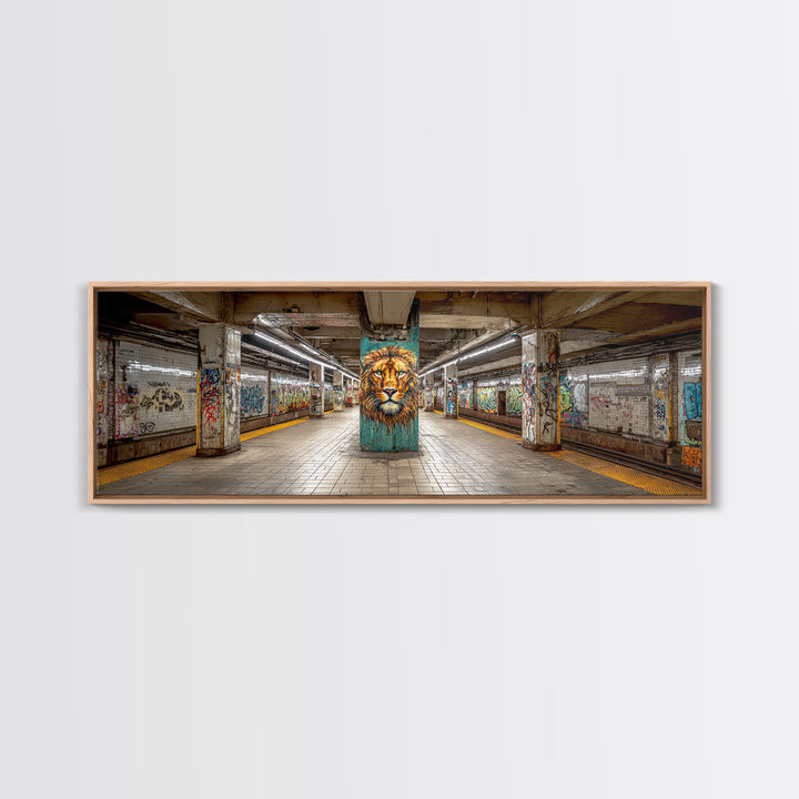 Urban Graffiti Style Subway Station With Bold Lion Mural Vibrant Wall Art Framed Canvas Print