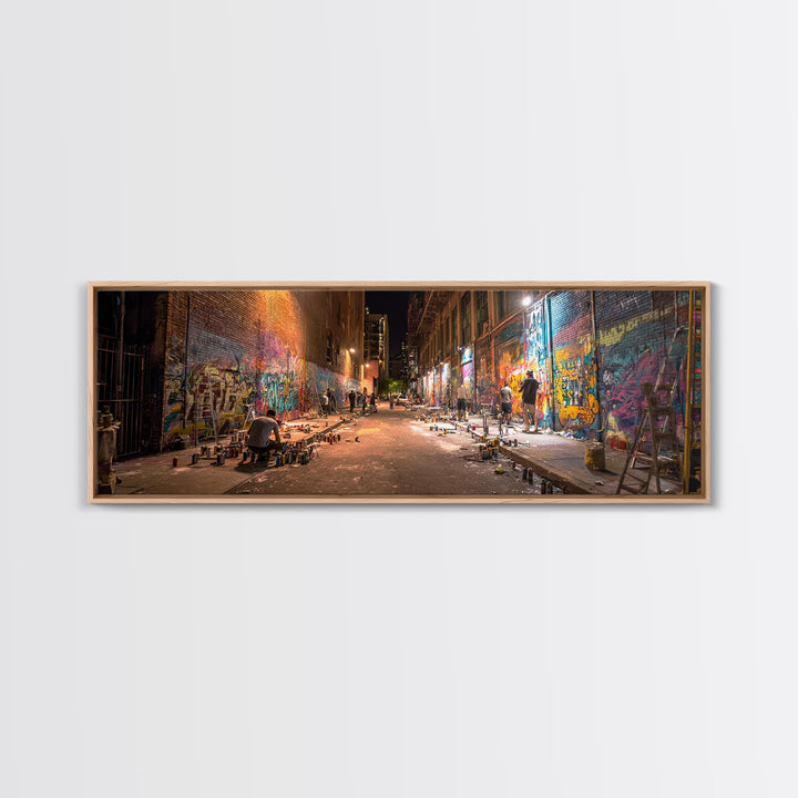 Nighttime Urban Graffiti Alleyway Street Art Scene Vibrant Spray Paint Murals Wall Art Framed Canvas Print