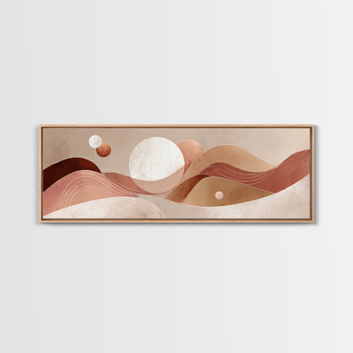 Abstract Terracotta Desert Dunes With Sun And Moons Wall Art, Mid Century Canvas Print, Earth Tone Decor, Modern Boho Art