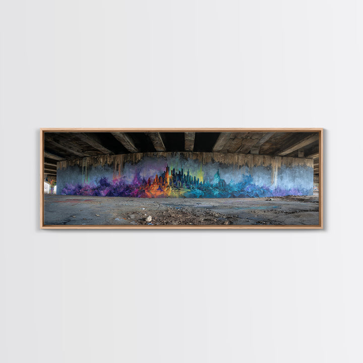 Vibrant Abstract Cityscape Street Art Featuring Colorful Skyline in Purple Blue and Orange Hues Wall Art