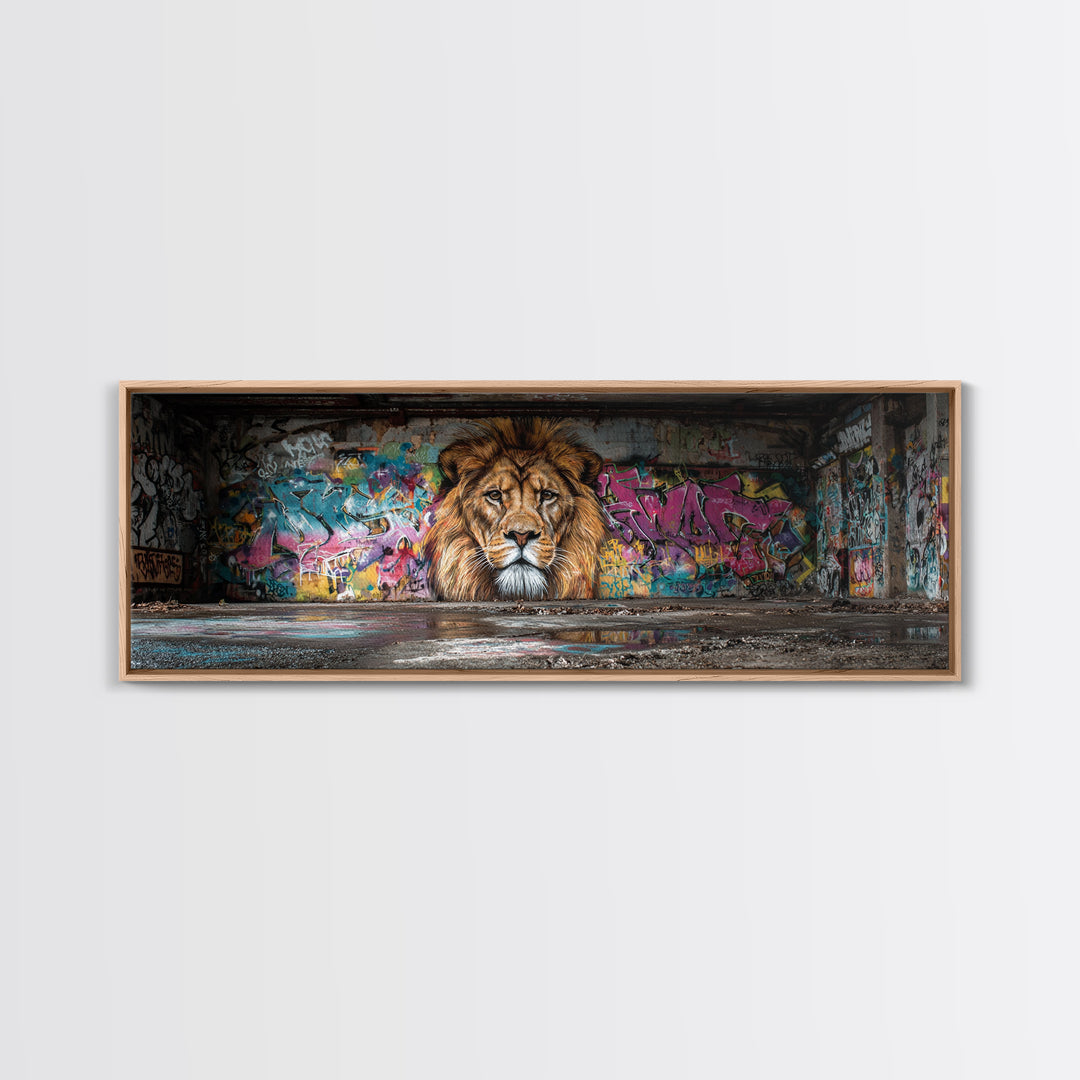 Vibrant Urban Graffiti Lion Mural Canvas Print Capturing Street Art Vibes With Striking Realism And Colorful Background Perfect Large Wall Art Decor