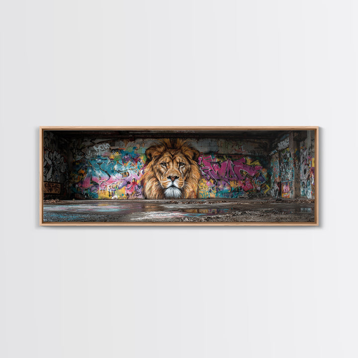 Vibrant Urban Graffiti Lion Mural Canvas Print Capturing Street Art Vibes With Striking Realism And Colorful Background Perfect Large Wall Art Decor