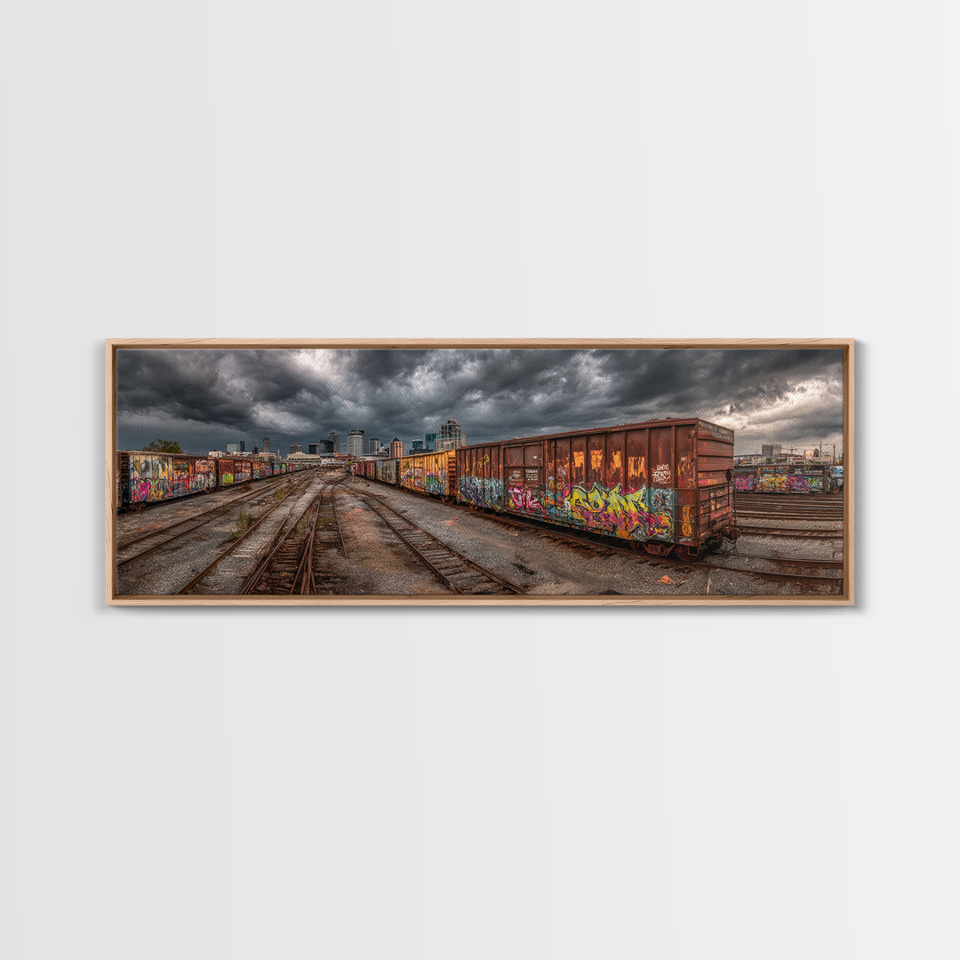 Urban Graffiti Covered Train Yard Under Moody Sky Wall Art Canvas Print For Contemporary Industrial Decor And Street Art
