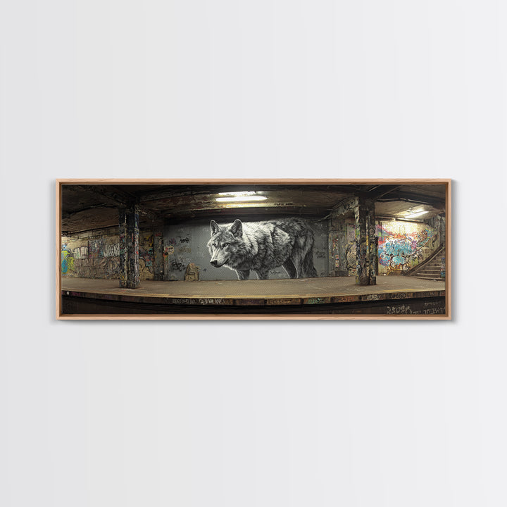 Black And White Urban Wolf Mural In Subways Graffiti Wall Art Print For Contemporary Living Room Decor Canvas Print
