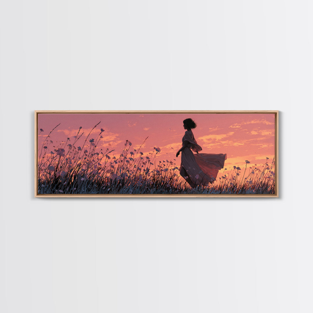 Woman Silhouette In Sunset Wildflower Meadow Canvas Print, Romantic Landscape Wall Art, Boho Bedroom Decor, Gift For Her