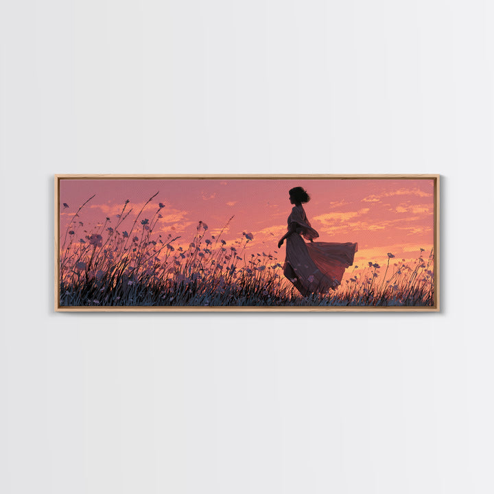 Woman Silhouette In Sunset Wildflower Meadow Canvas Print, Romantic Landscape Wall Art, Boho Bedroom Decor, Gift For Her