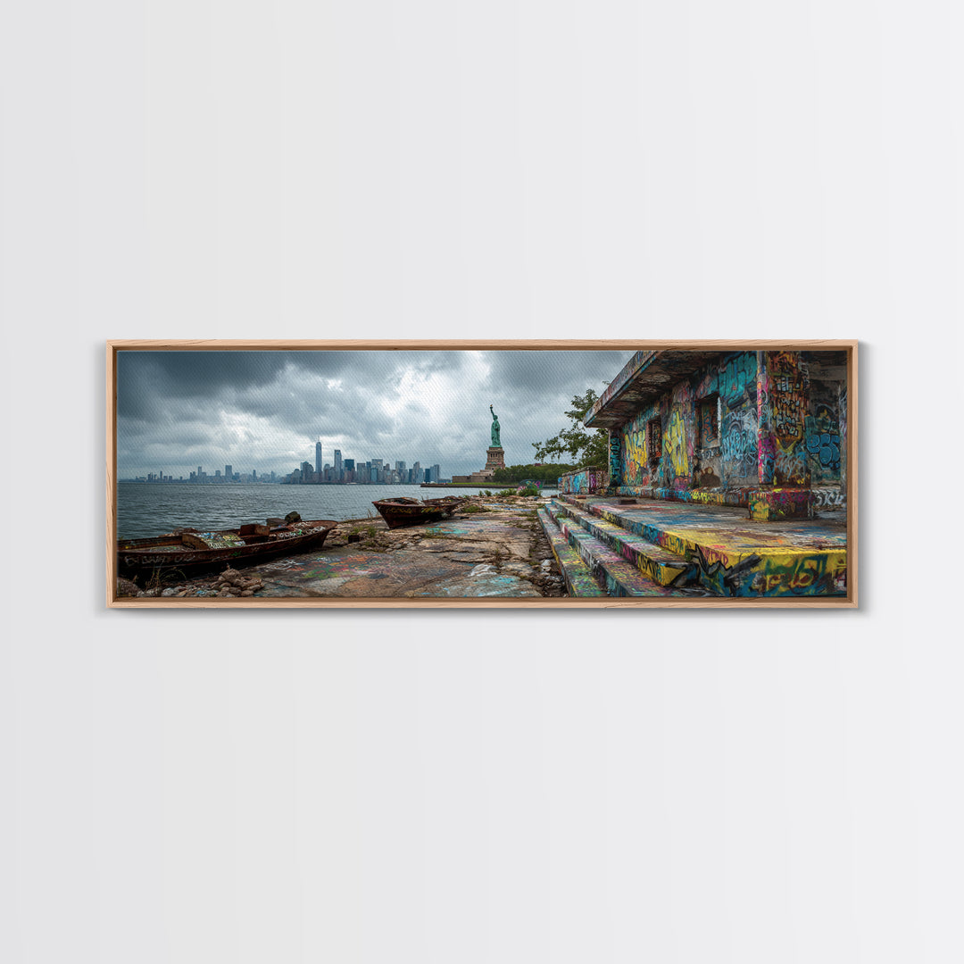 Cityscape With Statue And Graffiti Urban Street Scene Wall Art Framed Canvas Print For Industrial Home Decor And Gift For Him
