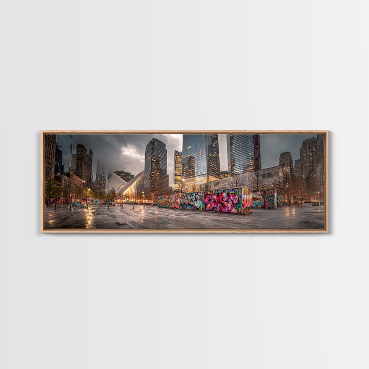 Vibrant Urban Landscape With Graffiti Walls And Reflective Wet Pavement - Modern Wall Art Canvas Print For Loft And City Apartment Decor