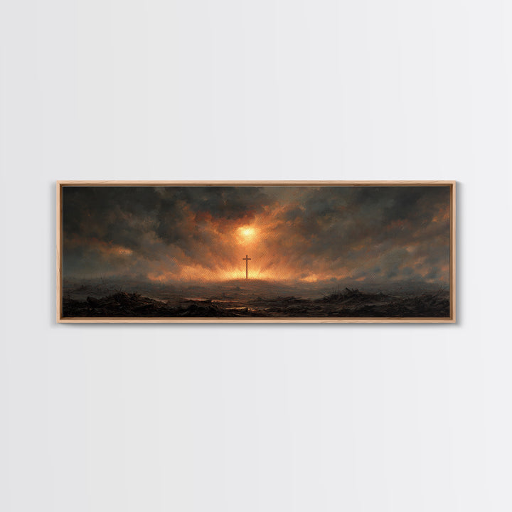 Dramatic Religious Cross Scene In Fiery Sunset Sky Oil Painting Canvas Print For Moody Wall Art And Christian Home Decor