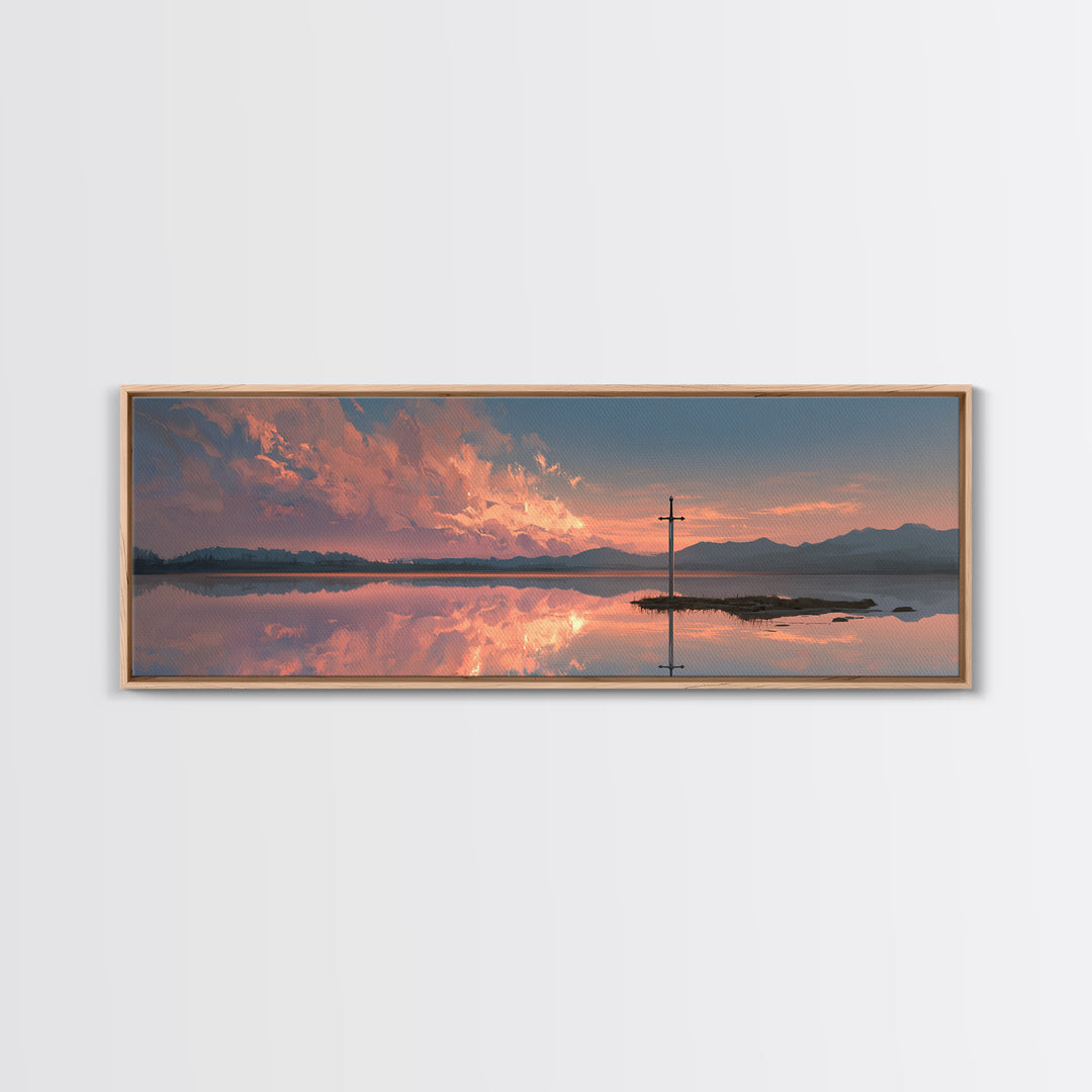 Peaceful Sword In Lake At Sunset Landscape Painting Wall Art Framed Canvas Print Tranquil Nature Scene For Bedroom Or Living Room Neutral Decor