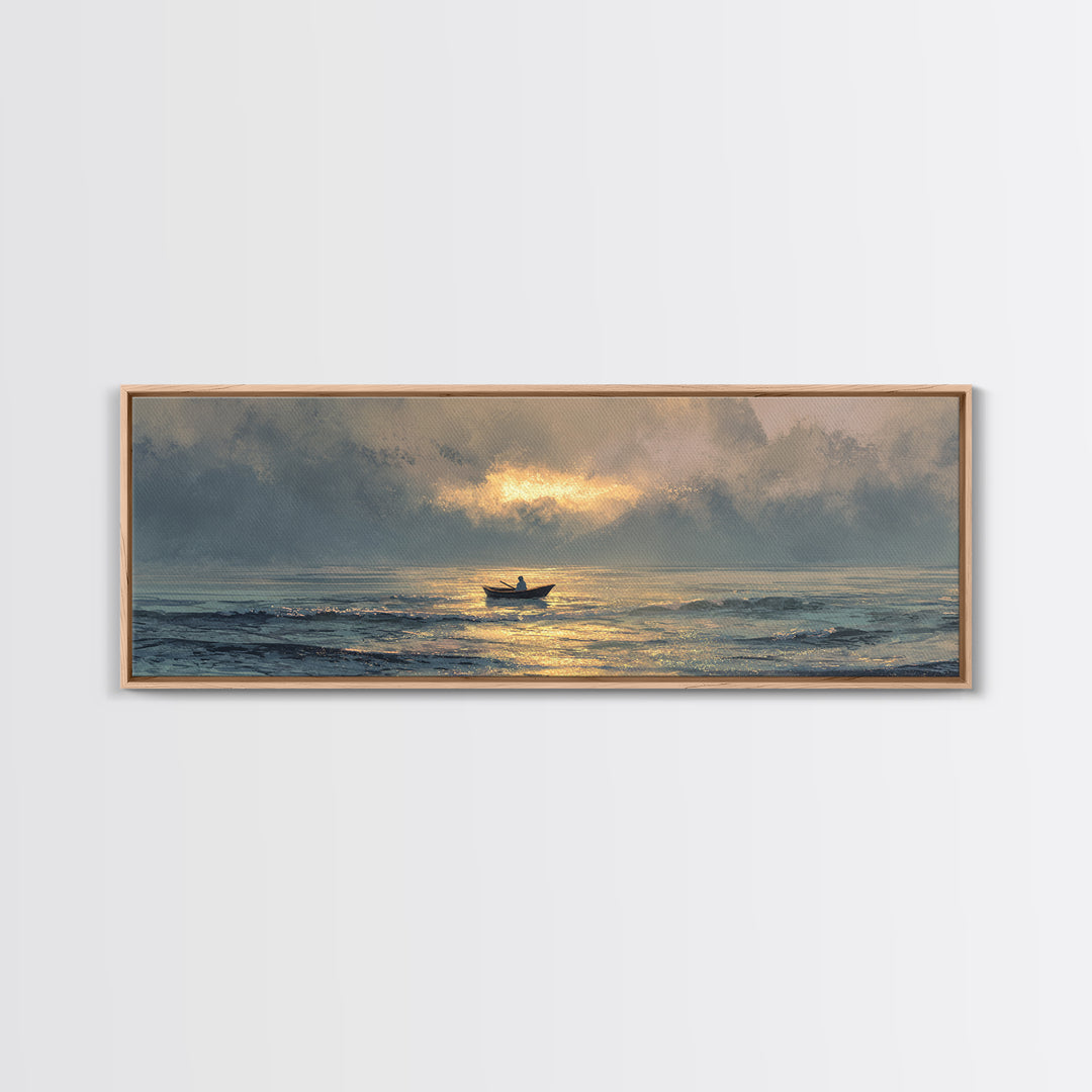 Contemplative Boat At Sea Sunrise Tranquil Ocean Scene Watercolor Style Wall Art Canvas Print Beach Decor