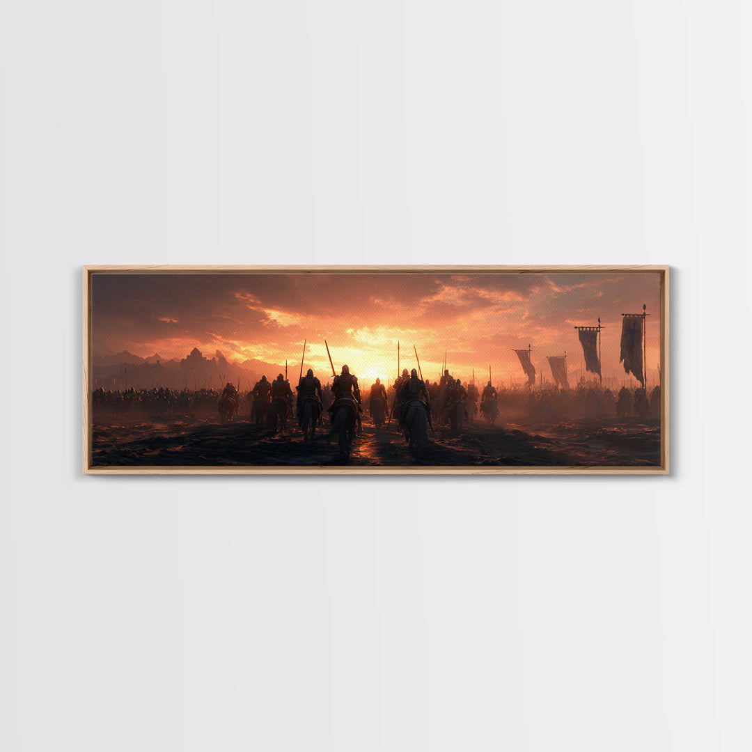 Epic Medieval Battle Scene At Sunset With Armored Knights And Banners Wall Art Framed Canvas Print For Home Decor