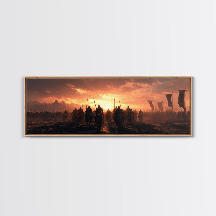 Epic Medieval Battle Scene At Sunset With Armored Knights And Banners Wall Art Framed Canvas Print For Home Decor