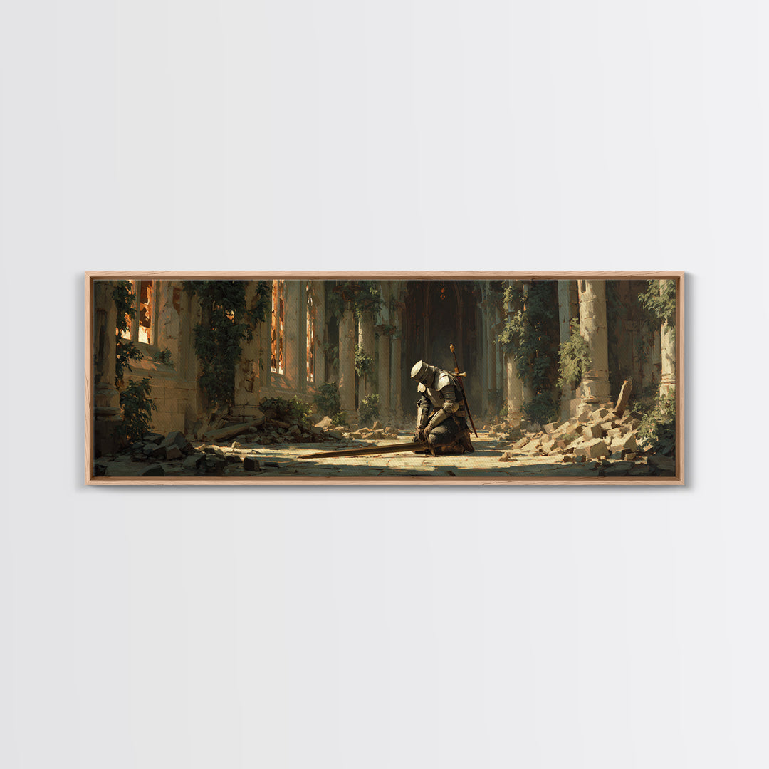 Kneeling Medieval Knight In Ruined Gothic Chapel With Sword Framed Canvas Print Dark Moody Wall Art