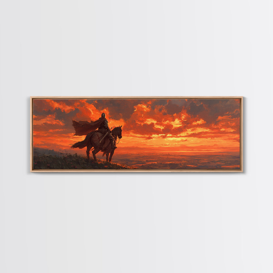 Knight In Armor On Horseback At Dusk Dramatic Sunset Canvas Print With Fiery Sky And Epic Medieval Scene Wall Art For Living Room Decor