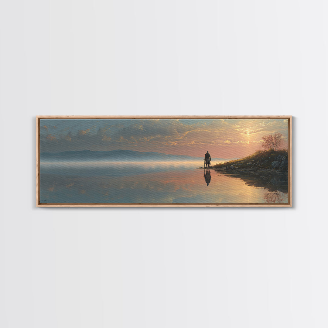 Knight Standing At Lakeside Reflective Water Realistic Landscape Oil Painting Canvas Print