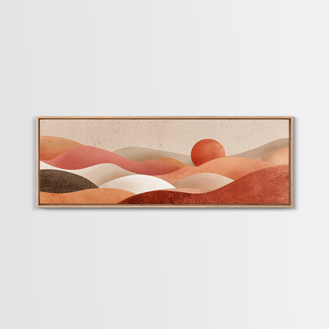 Soft Rolling Hills And Red Sun Wall Art, Abstract Landscape Canvas Print, Earth Tone Decor, Large Horizontal Living Room Art