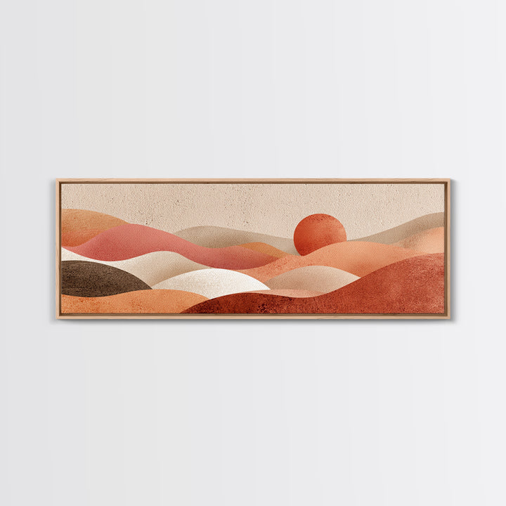 Soft Rolling Hills And Red Sun Wall Art, Abstract Landscape Canvas Print, Earth Tone Decor, Large Horizontal Living Room Art