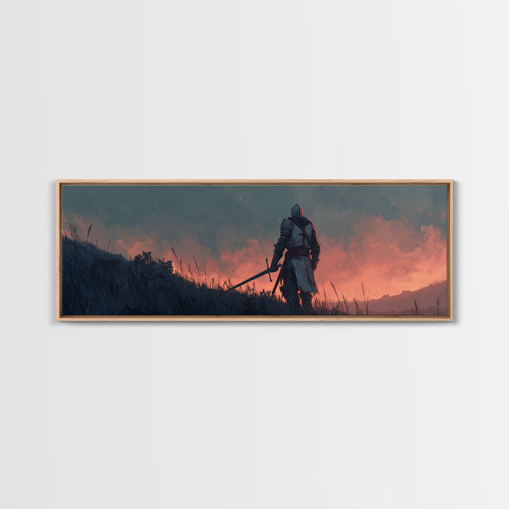 Brave Medieval Knight Staring At Fiery Sunset Holding Sword Canvas Print