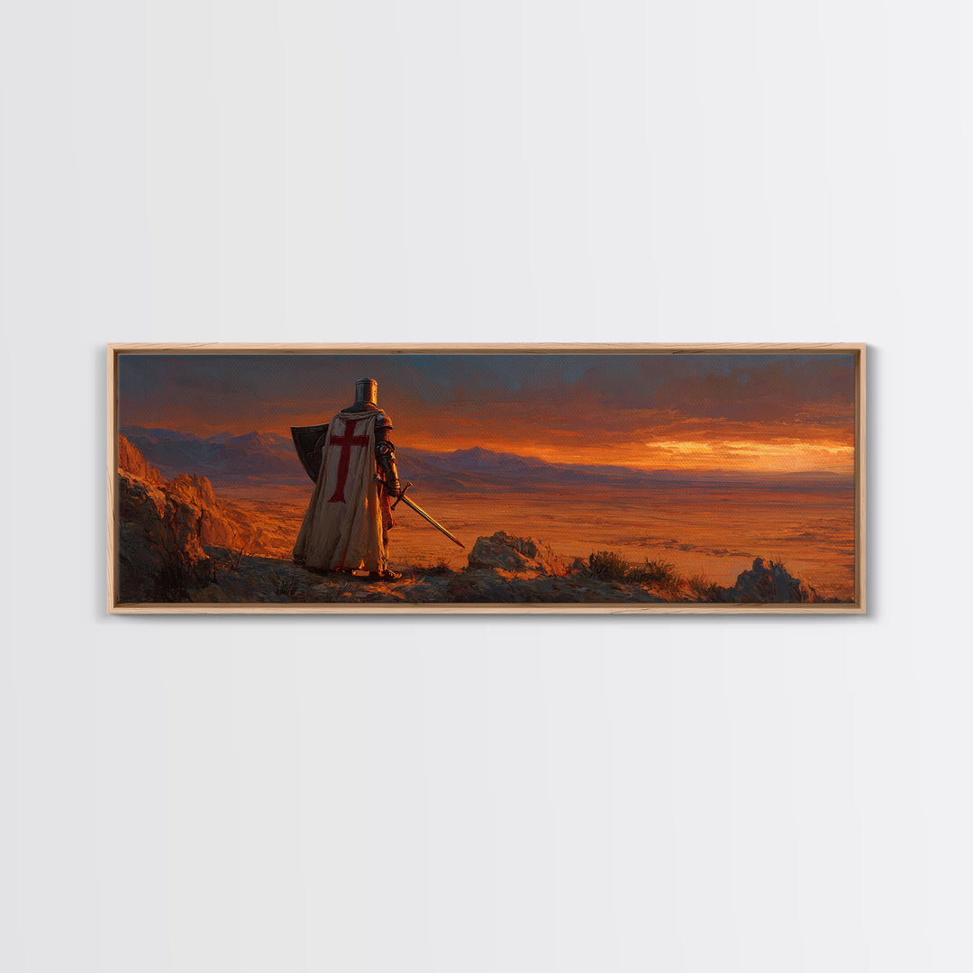 Medieval Knight Standing on Cliff Overlooking Sunset Dramatic Figurative Wall Art Oil Painting Canvas Print for Rustic Home Decor