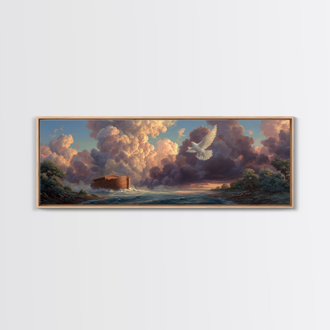 Serene Noahs Ark Ocean Landscape With Dove And Dramatic Sky Inspirational Wall Art Framed Canvas Print