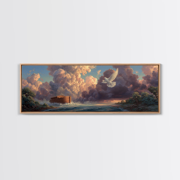 Serene Noahs Ark Ocean Landscape With Dove And Dramatic Sky Inspirational Wall Art Framed Canvas Print