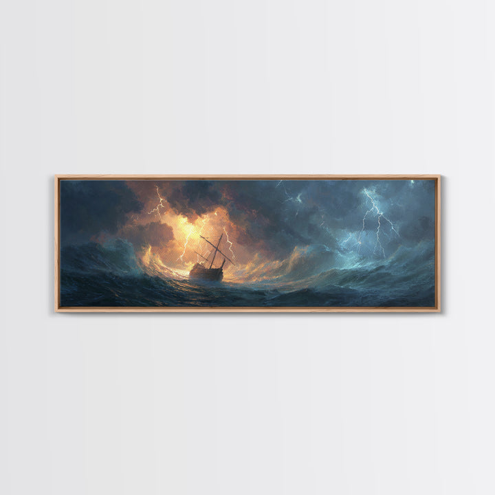Stormy Ocean Ship In Lightning And Waves Painting Dramatic Seascape Wall Art Framed Canvas Print Perfect For Coastal Living Room Or Nautical Office Decor
