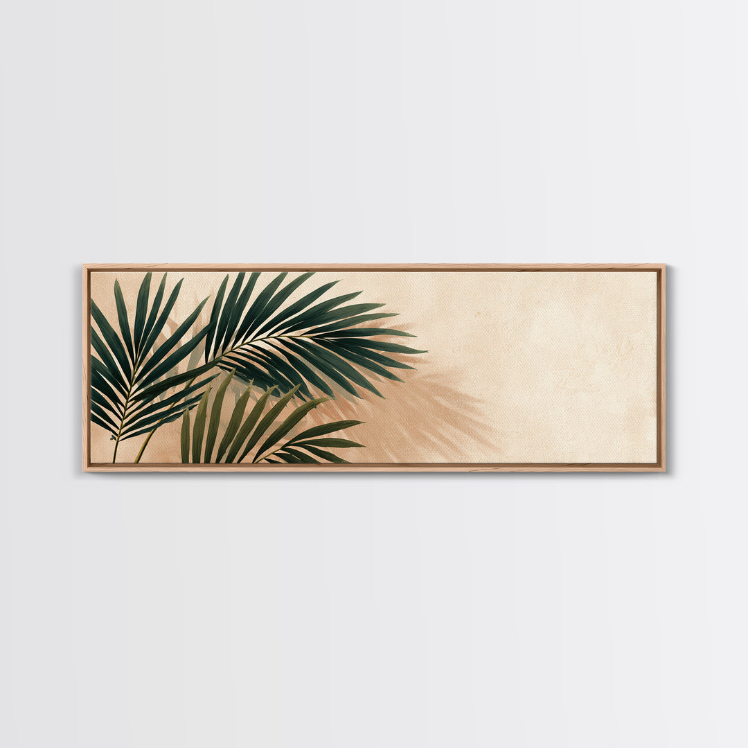 Tropical Palm Leaf Shadows Wall Art, Minimal Botanical Canvas Print, Coastal Boho Home Decor, Neutral Beige Living Room Art